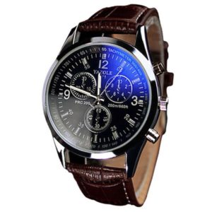 Luxury Fashion Faux Leather Mens Blue Ray Glass Quartz Analog Watches (Brown)